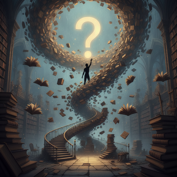 A person reaching towards a glowing question mark surrounded by floating books in a mystical library, symbolizing curiosity and discovery.