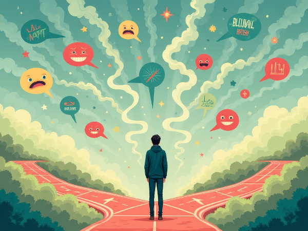 An illustration of a person at a decision crossroads with symbolic elements representing emotional awareness, risk assessment, and problem-solving approaches.