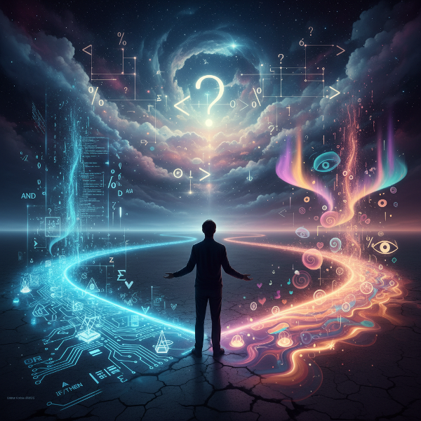 An illustration of a person at a decision crossroads, with analytical and intuitive paths diverging under a dynamic, uncertain sky.