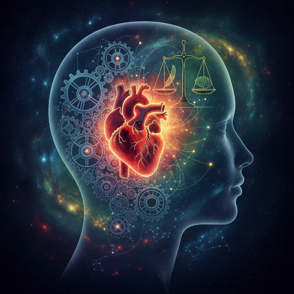 An image showing a split brain with analytical gears, intuitive heart, and comfort scales, representing the three decision-making styles.