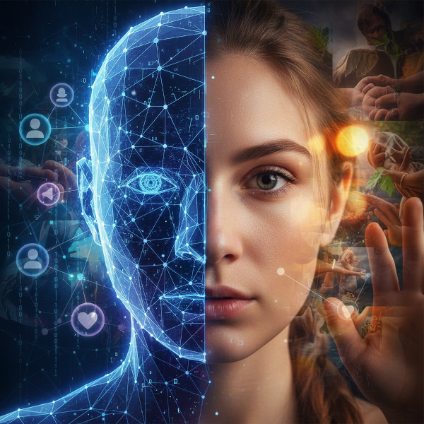 An image showing the duality of online and offline identities merging, with digital elements blending into real-world connections.