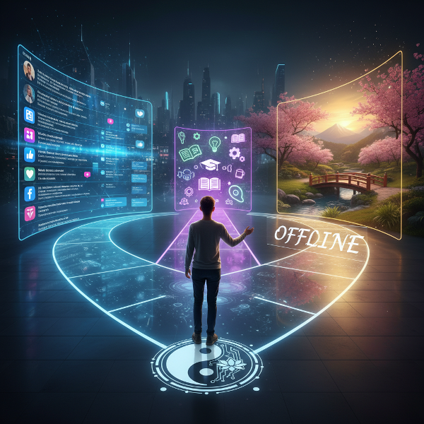 An image depicting a person choosing between vibrant digital screens and a calm, natural path, representing the test's focus on digital habits and emotional balance.