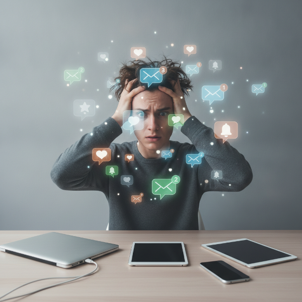 A person overwhelmed by floating digital notifications, illustrating distraction and digital stress.