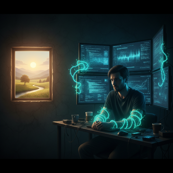 An illustration depicting the tension between digital immersion and the longing for offline peace, with symbolic elements representing technology's grip and the potential for balance.