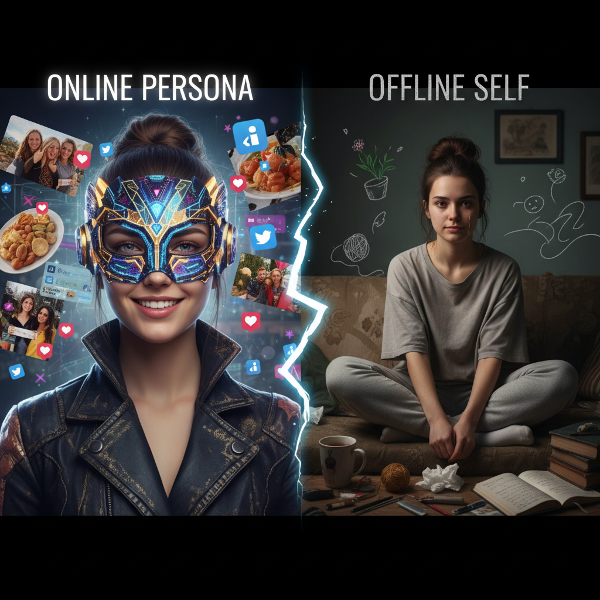 Side-by-side comparison of a polished online avatar and a genuine offline person, linked by a bridge of authenticity