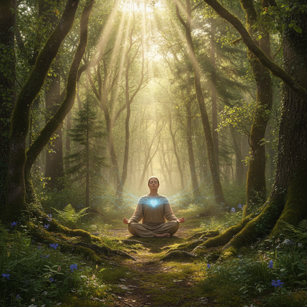 Person meditating in a sunlit forest, representing eco-mindfulness and emotional resilience.