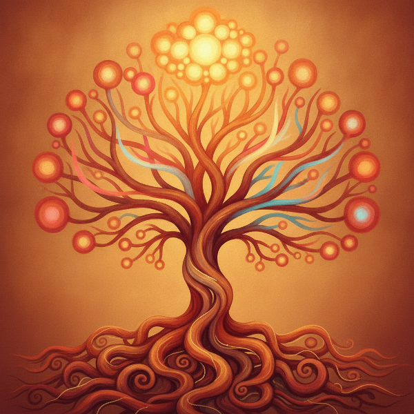 An abstract family tree with intertwined roots and glowing branches, representing emotional bonds and patterns.