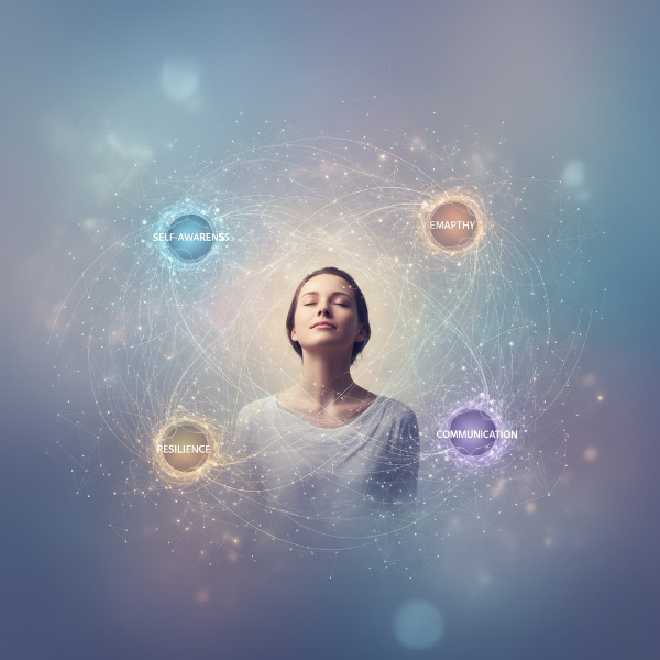 An abstract illustration of emotional intelligence, showing interconnected elements of self-awareness, empathy, resilience, and communication.