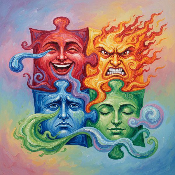 An abstract representation of emotional intelligence with four connected puzzle pieces symbolizing EQ components