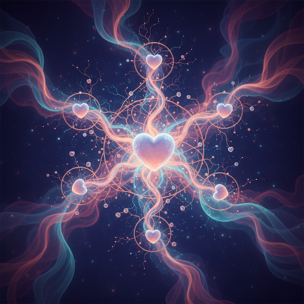 An abstract image of interconnected hearts and neural pathways in soft, flowing colors, representing emotional perception and relational bonds.