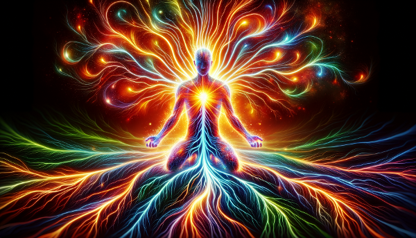 An illustration showing a person with energetic connections between emotional resilience and physical vitality, with stress patterns transforming into renewal energy.