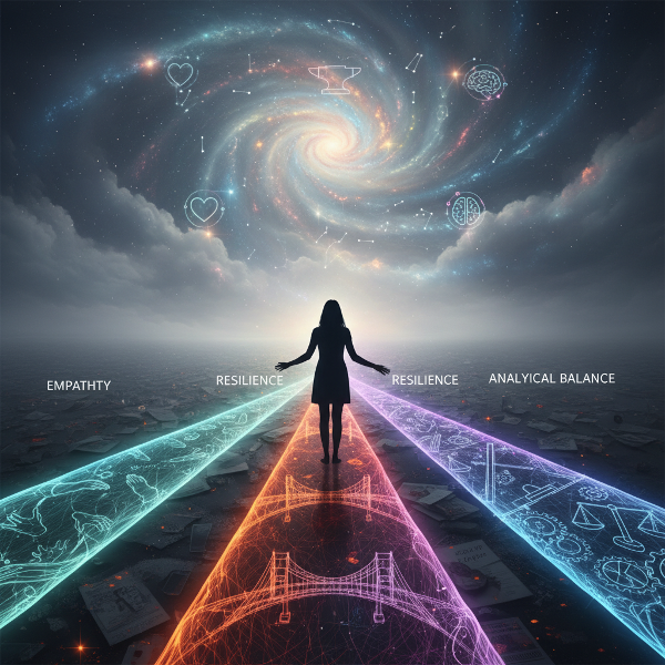 An image showing a person at a crossroads of glowing emotional threads, symbolizing the unconscious influences on decision-making in a surreal, introspective scene.