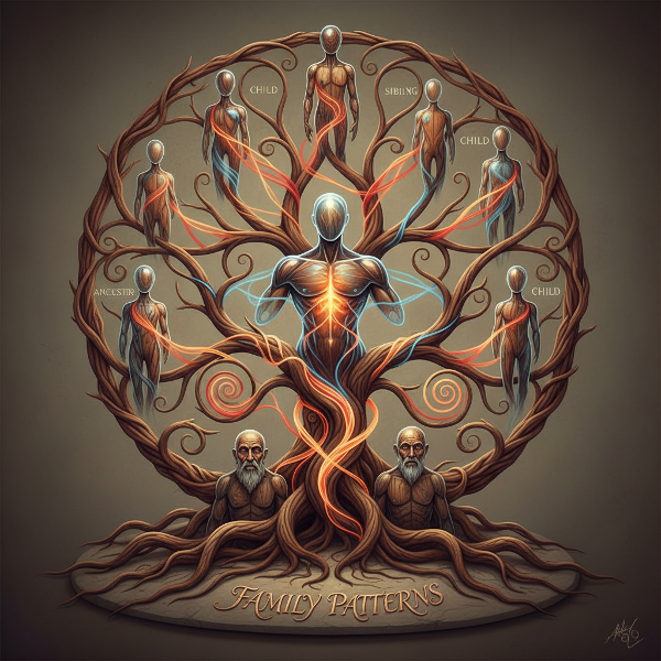 An abstract image of a family tree with flowing, interconnected roots and branches symbolizing inherited emotional patterns and relationship dynamics.