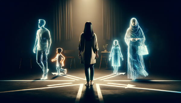 An image of an individual at a symbolic crossroads, with shadowy familial figures in the background, and a path forward lit by insight.