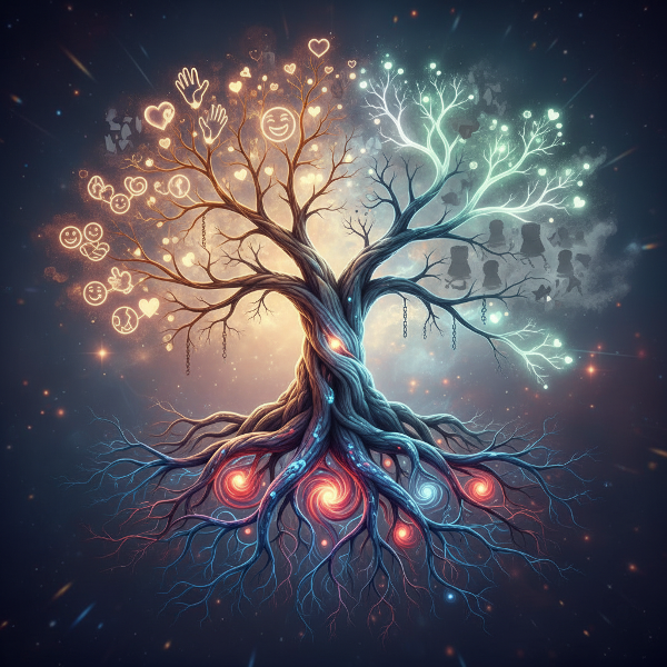 A family tree with roots becoming neural networks and emotional patterns, illustrating how upbringing shapes adult relationships and what we choose to carry forward.