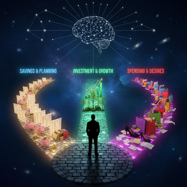 A symbolic image showing three diverging paths representing different financial decision-making styles, with visual metaphors for planning, spending, and investing, all connected to a brain in the sky.