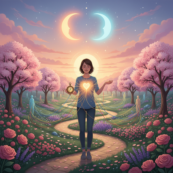 An image representing flourishing and resilience through symbols of emotional balance, purposeful direction, and strong social connections in a harmonious natural setting.