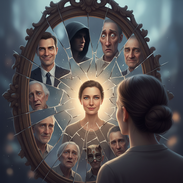 An image of a person confronting multiple, fragmented reflections of themselves in a mirror, symbolizing the exploration of internal identity narratives and hidden self-perceptions.