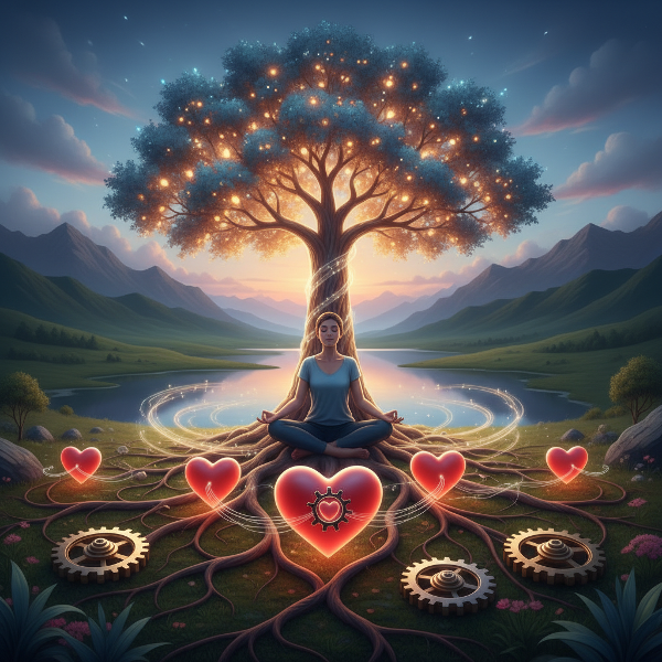 An image depicting a person in meditation under a luminous tree, with intertwined roots representing emotional, psychological, and social harmony, set in a peaceful natural environment.