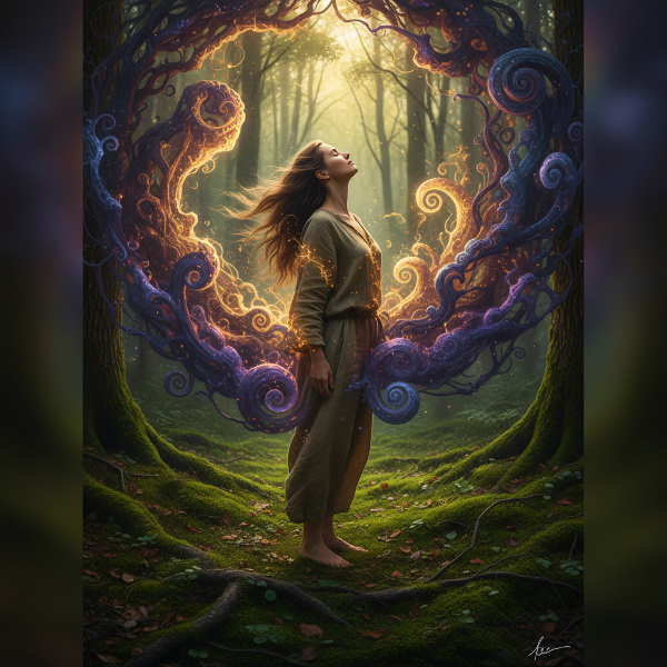 A person in a wild forest, connecting deeply with nature through their senses, with visual elements showing the merging of human instinct and natural energy.