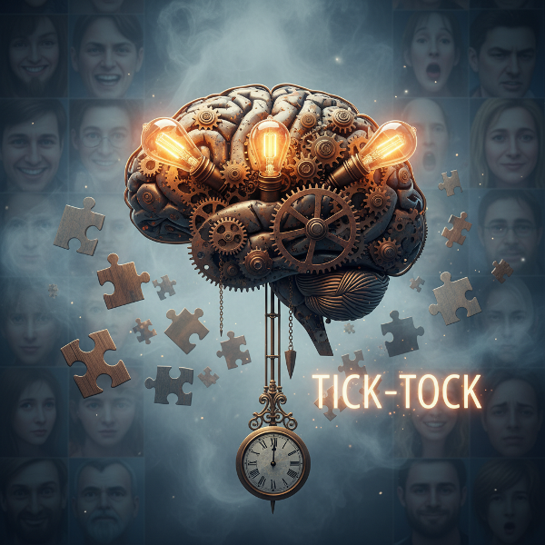 A surreal illustration showing a human head with a brain that combines gears, light bulbs, puzzle pieces, and fog, with a clock and emotional faces symbolizing analytical, creative, and intuitive thinking under uncertainty.