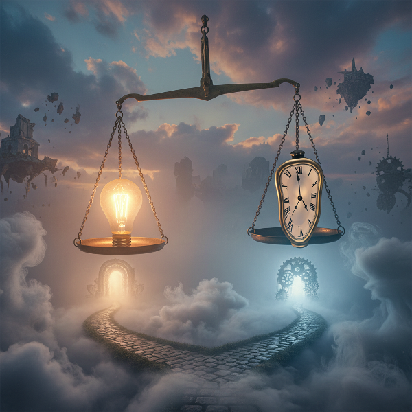 A metaphorical illustration of decision-making with a scale, light bulb, clock, and diverging path in a surreal setting.