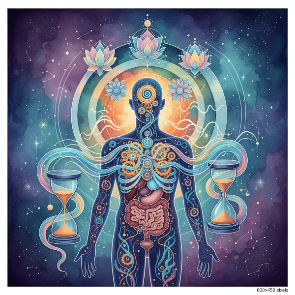 A surreal image showing a person with visible internal biological rhythms and energy flows, surrounded by symbolic time elements and harmonious energy waves.