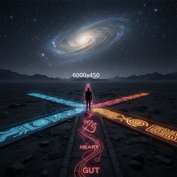 An illustration of a person at a decision point with three illuminated paths symbolizing mind, heart, and gut, set against a cosmic backdrop.