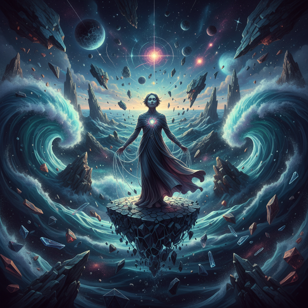 A person maintains equilibrium amid chaotic waves and fragmented patterns, connected to both rigid and fluid anchors by invisible threads.