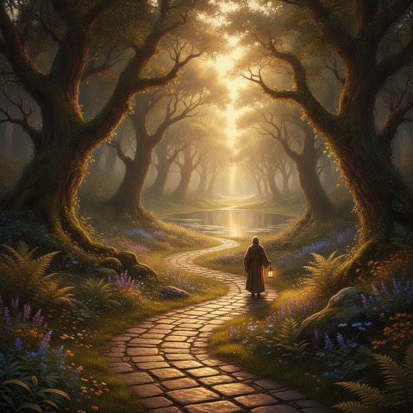 A tranquil forest path leading to a glowing horizon, representing inner fulfillment and self-discovery.