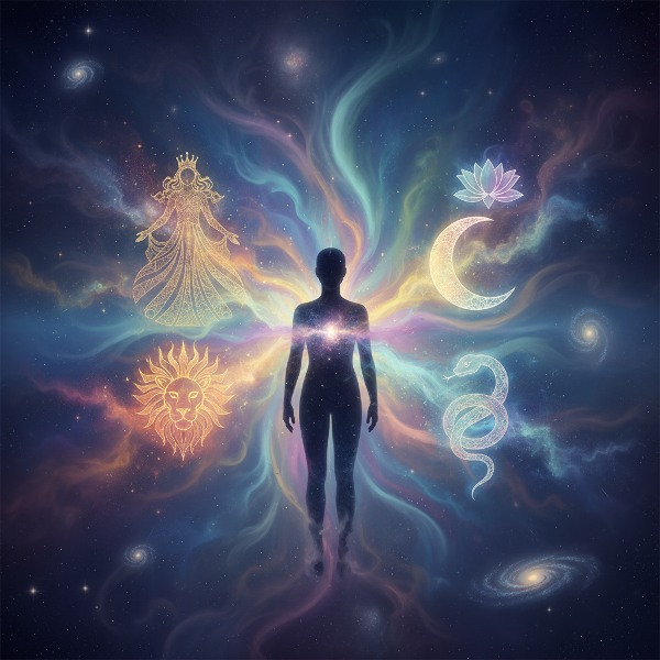 A visual representation of Jungian archetypes emerging from within a person's silhouette, symbolizing the exploration of personal mythology and unconscious patterns.