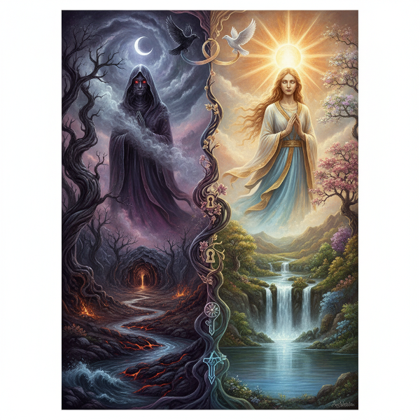 A surreal split portrait symbolizing the active archetype, blending shadow and light aspects, with dreamy symbolic imagery of inner conflict and self-discovery.