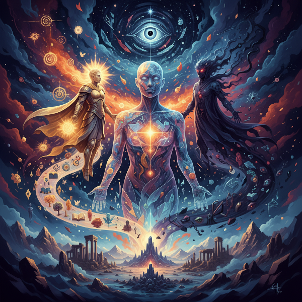 An abstract, dreamlike portrait visualizing the swirling archetypes of the psyche, with symbolic light and dark elements representing integration and self-discovery.