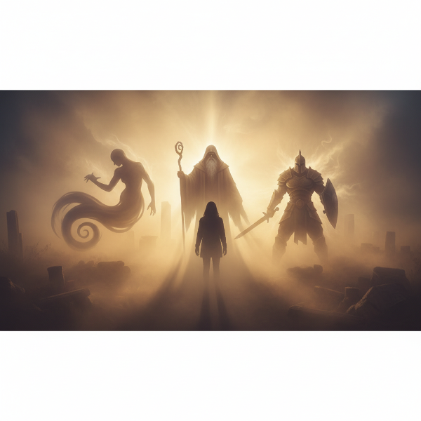 A surreal composition of archetypes emerging from within a person's silhouette, set in an ethereal, golden-lit dreamscape, evoking Jungian themes of self-discovery and the collective unconscious.