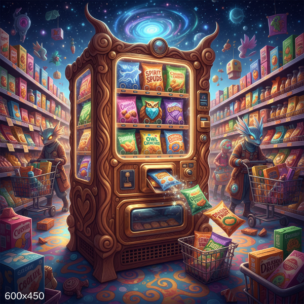A magical vending machine in a surreal snack aisle, with animated snacks representing spirit animals glowing and emerging from the machine.