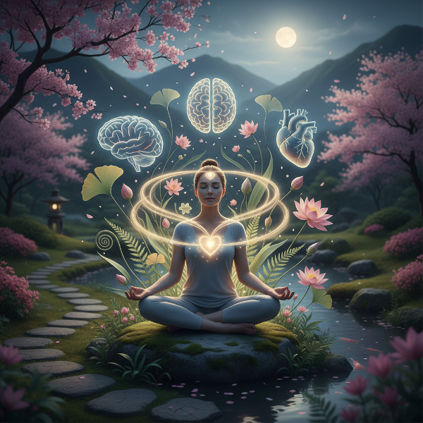 An image showing a person in meditation, with visual connections between mind and body elements, symbolizing holistic health and balance.