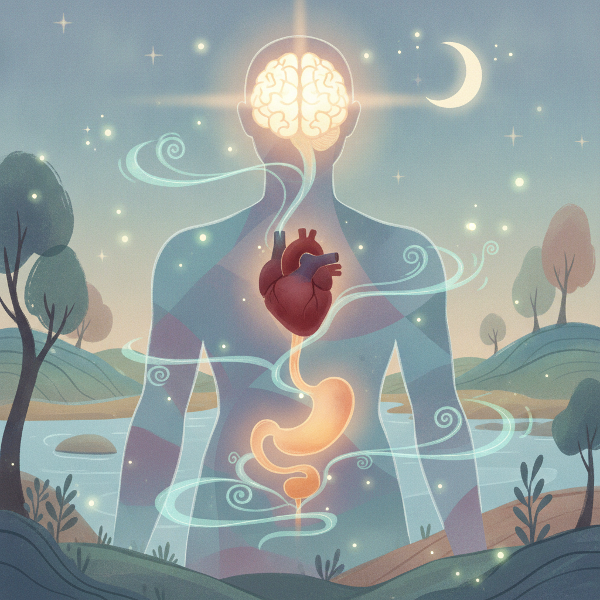 A silhouette of a person with a glowing brain connected to a heart and stomach, set in a peaceful natural environment with soft colors