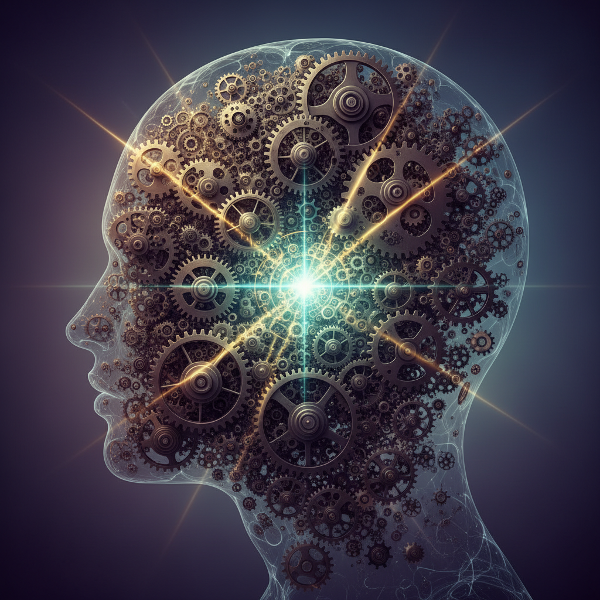 An abstract image of a human brain or mind depicted as a complex labyrinth of interlocking gears, some turning in opposite directions, with light and shadow blending together to form a single, intricate, and harmonious structure, symbolizing the integration of contradictions.