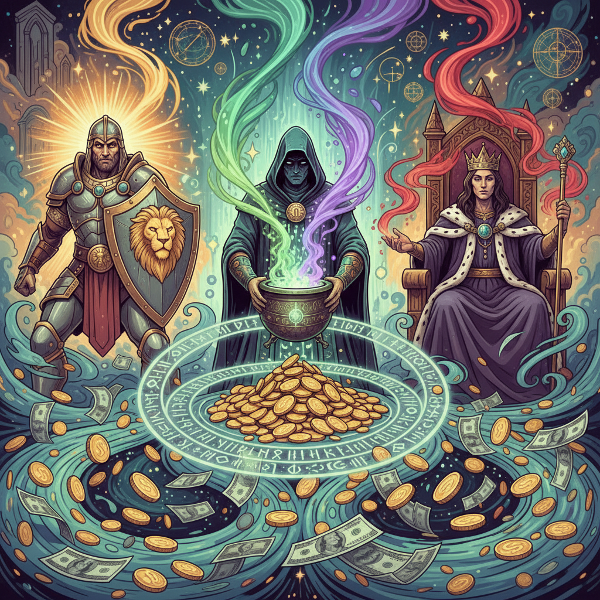 An illustration depicting the three money archetypes—Guardian, Alchemist, and Sovereign—as symbolic figures interacting with currency and emotional energy.