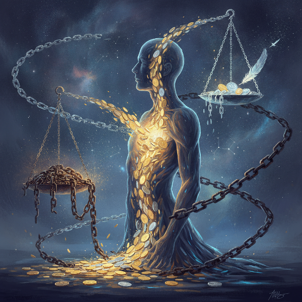 A surreal image of a person's silhouette with coins entering and leaving, balanced on a scale against a backdrop of light and shadow, conveying the tension between wealth as freedom or anxiety.