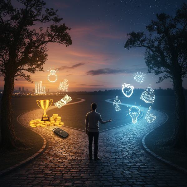 An illustration of a person at a motivational crossroads, choosing between paths of external rewards and internal satisfaction.