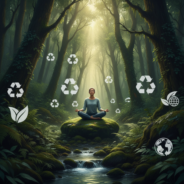 An image depicting a tranquil natural setting with eco-conscious elements, representing the balance between biophilic connection, sustainable living, and mental well-being.