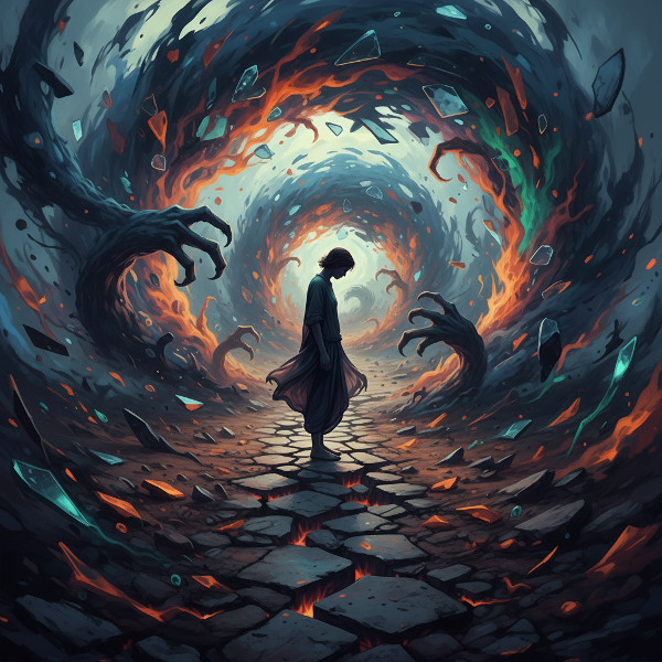 A surreal illustration of a figure amidst chaos, representing psychological coping during upheaval.