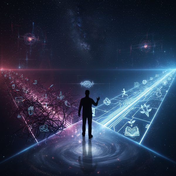 An illustration of a person at a neural crossroads, choosing between dark, tangled pathways of bad habits and bright, orderly ones of good routines, representing conscious behavioral change.