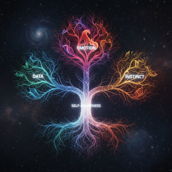 An abstract visualization of a neural network forming decision pathways in colors representing different cognitive styles, converging at a central point.