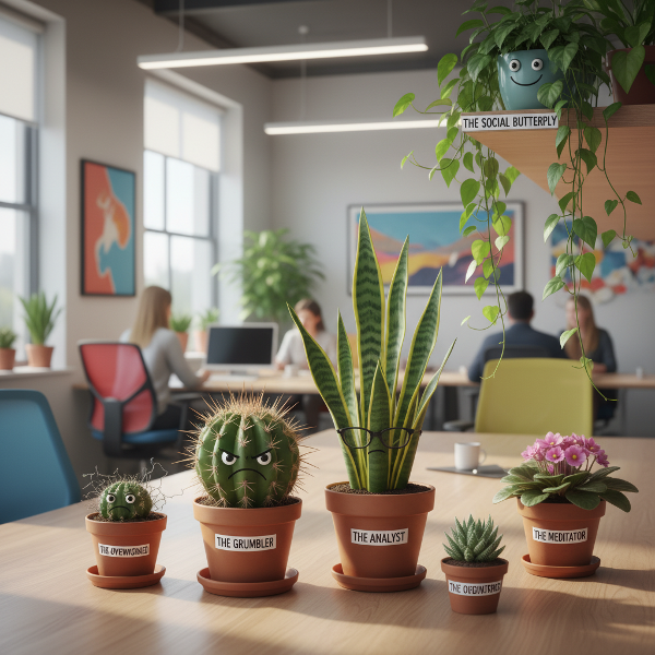 An office scene with personified plants representing different work personalities.