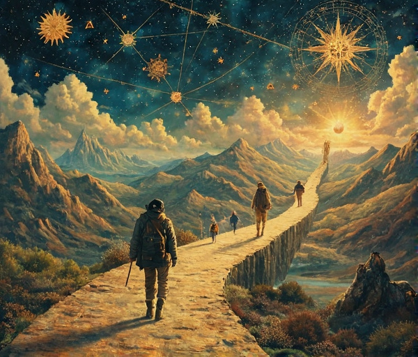 An artistic representation of goal pursuit styles: a strategic planner with blueprints, a visionary gazing at constellations, and a pragmatic doer building a bridge, all connected by a winding path symbolizing the journey from aspiration to achievement.