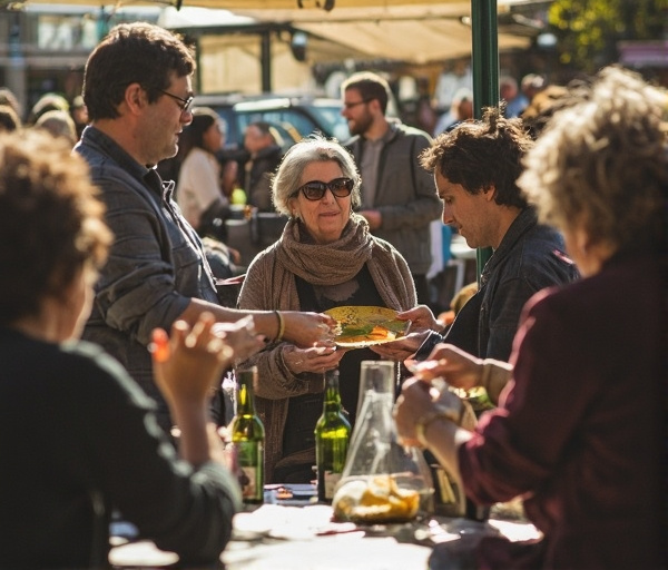An illustration of people in a public square negotiating shared resources, balancing personal convenience, collective wellbeing, flexible rules, and practical cooperation.