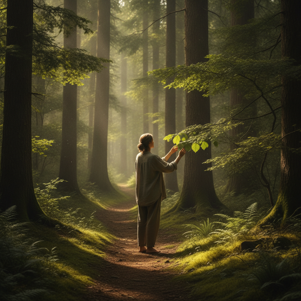 A person in a peaceful forest, connecting with nature through touch, symbolizing ecological awareness and sustainability.
