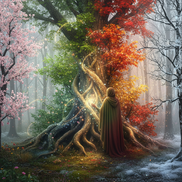 A person connects with a glowing tree in a mystical forest where seasons blend, representing the silent dialogue between humanity and nature.